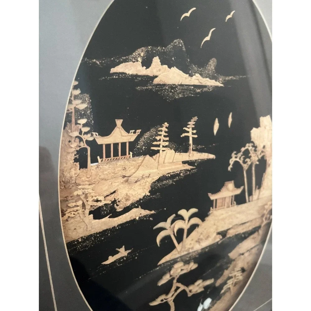 Vintage Asian Landscape Cork Art Framed Oval Scene‎ Pagoda Cranes Home Decor